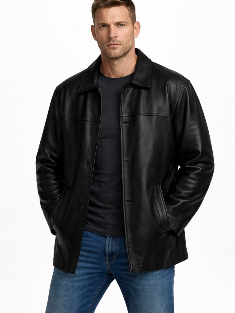 Danier Black Leather Car Coat Front Buttons Removable thinsulate Liner Men's XL